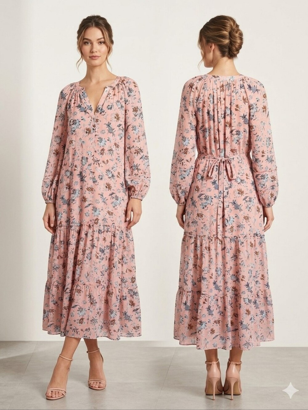 Women's Pink Floral  Long sleeves Ruffle‎ Tiered Midi Dress